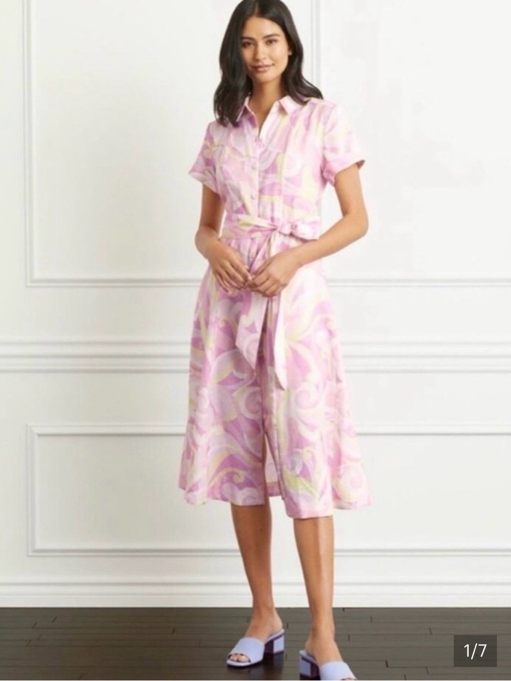 Hill House The Lily Button Up Belted Short Dress Candy Swirl Print Sz XS Linen